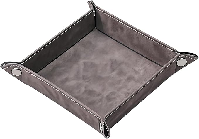 Valet Tray Desktop Storage Organizer – Vegan Leather Catchall Bedside Vanity Tray Nightstand Caddy Holder for Remote Controller, Watch, Keys, Phone, Wallet, Coin, Jewelry, Stone Gray Brown