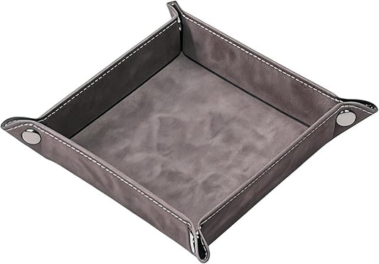 Valet Tray Desktop Storage Organizer – Vegan Leather Catchall Bedside Vanity Tray Nightstand Caddy Holder for Remote Controller, Watch, Keys, Phone, Wallet, Coin, Jewelry, Stone Gray Brown