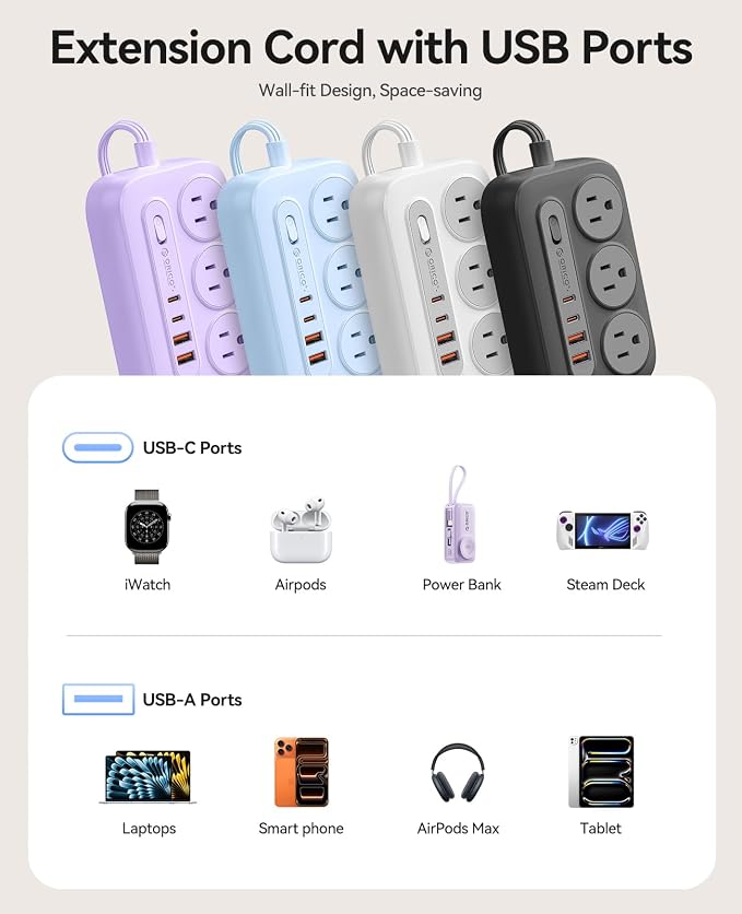 ORICO Surge Protector Power Strip, PD20W Multiple Outlets Extension Cord with 6 AC Outlets and 4 USB Charging Ports (2 USB-C), Flat Plug, 10Ft Mountable Outlet Extender for Office/Dorm ETL Listed- OG