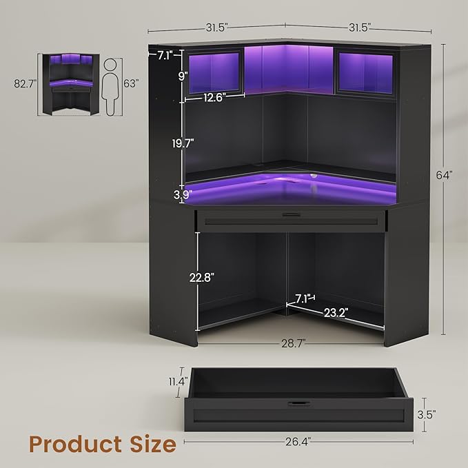 SEDETA 31.5" Corner Desk with Drawers, Small Office Computer Desk with Storage Shelves & Hutch for Small Space, Gaming Desk with LED Lights & Power Strip for Home Office, Black