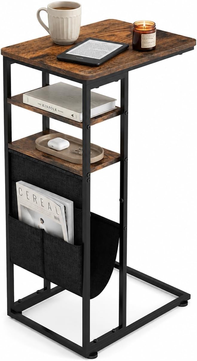 C Shaped End Table 28"(H) 3-Tier C Table with Storage Bag, Under Couch Table C-Shaped End Table with Storage Shelves and Bag for Living Room, Bedroom, or Office