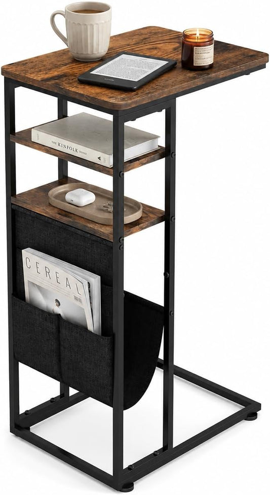 C Shaped End Table 28"(H) 3-Tier C Table with Storage Bag, Under Couch Table C-Shaped End Table with Storage Shelves and Bag for Living Room, Bedroom, or Office