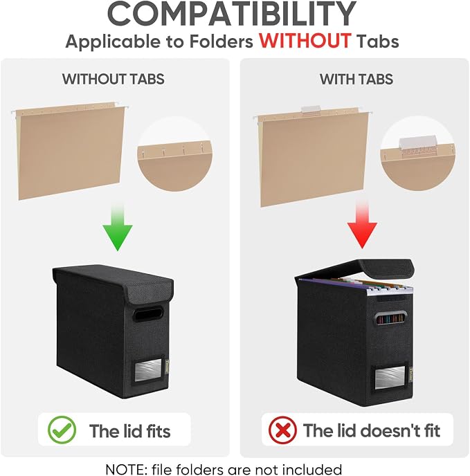 BALEINE File Organizer Box with Lid, Collapsible File Folder Organizer with Plastic Slide, Hanging File Folder Box for Office Document Storage (2 Pack, Black, S)