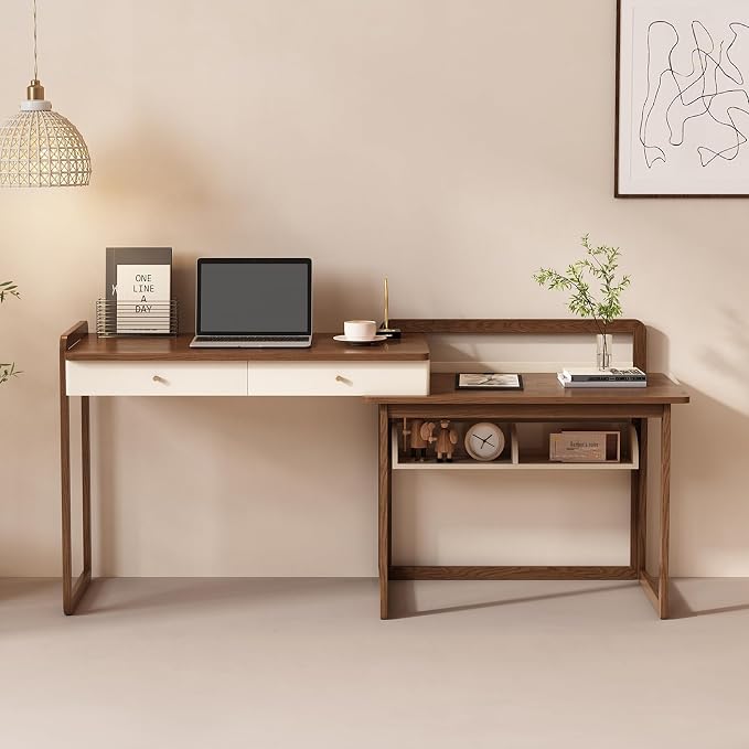 Lartis Extendable to 70" Solid Wood Desk, Storage Study Table with Side Unit, Multifunctional Workbench, Modern Office and Study Computer Desk