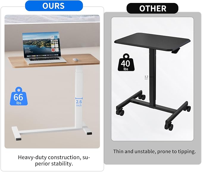 Ywin Medical Overbed Bedside Table with Wheels, Pneumatic Rolling Standing Desk Laptop Desk Computer Overbed Table, Hospital Bed Table for Couch, Hospital, Home, Office Use (Light Rustic Brown)