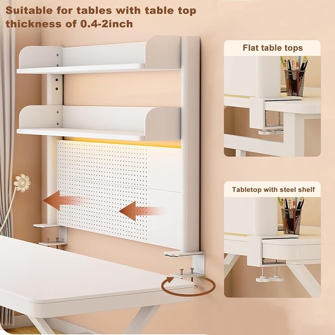 Clamp on Desk Shelf with Pegboard, Desktop Organization Bookshelf Storage Shelves for Home Office Dorm Gaming Desk, Space Saving Tabletop Display Rack