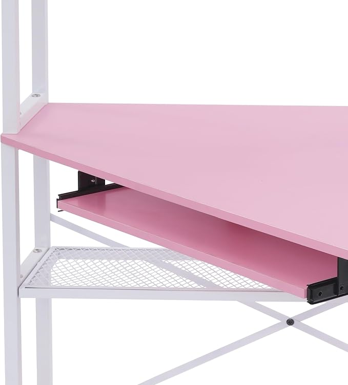 Corner Desk with Hutch, 90 Degrees Triangle Computer Desk w/Keyboard Tray & Bookshelves for Small Space Space Saving Writing Desk w/Storage Shelves for Bedroom Apartment (Pink)