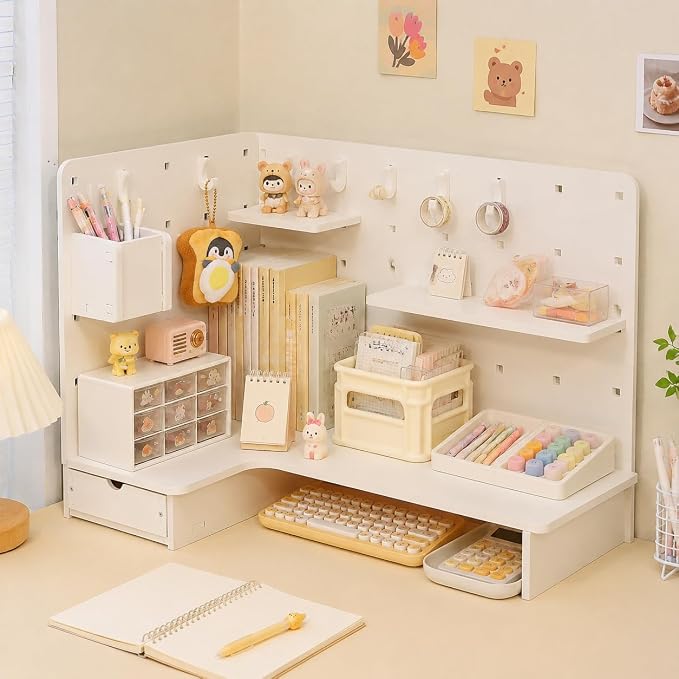 Corner Organizer Pegboard Organizer, White Desktop Storage Shelf, Small Desk Shelf for Home Office, Vertical Desk Storage, Corner Pegboard Shelf - Upgrad (#0142)