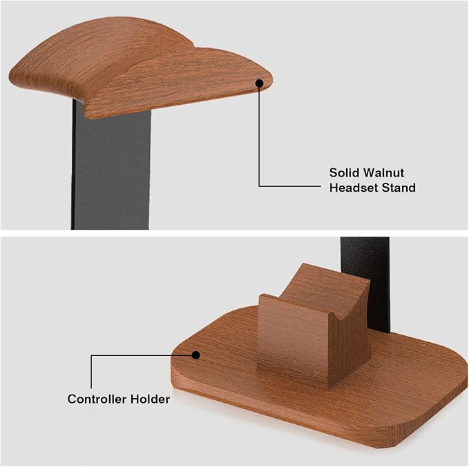 Walnut Headphone and Controller Stand, Desk Gaming Equipment Wooden Headset Controller Holder, Earphone Hook for Game Room Desktop PC Accessories, Gamer Gifts