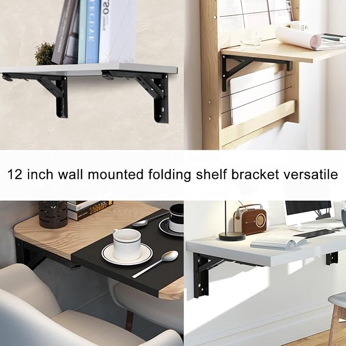 90 Degree Fold-Down Table Hinge, 12" Heavy-Duty Wall Bracket | High load capacity, 90° self-locking, DIY space-saving. Suitable for Room, RVs, garages,Easy to install; screws included