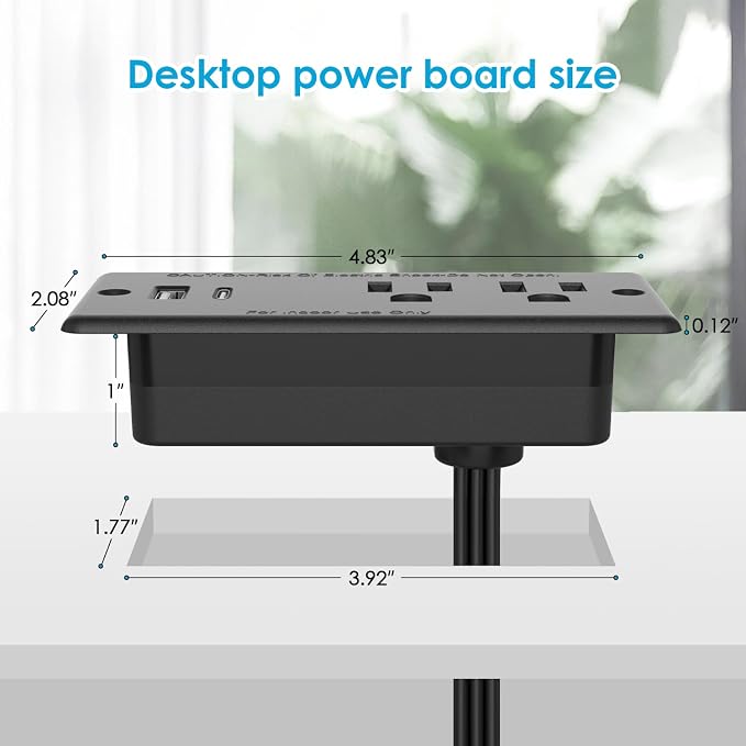 Recessed Power Strip USB C 20W,Flat Plug Ultra Thin Extension Cord,Furniture Desktop Charging Station for Side Table,End Table,Flush-Mount Desk Outlet Power Grommet,10ft Cord (Black)
