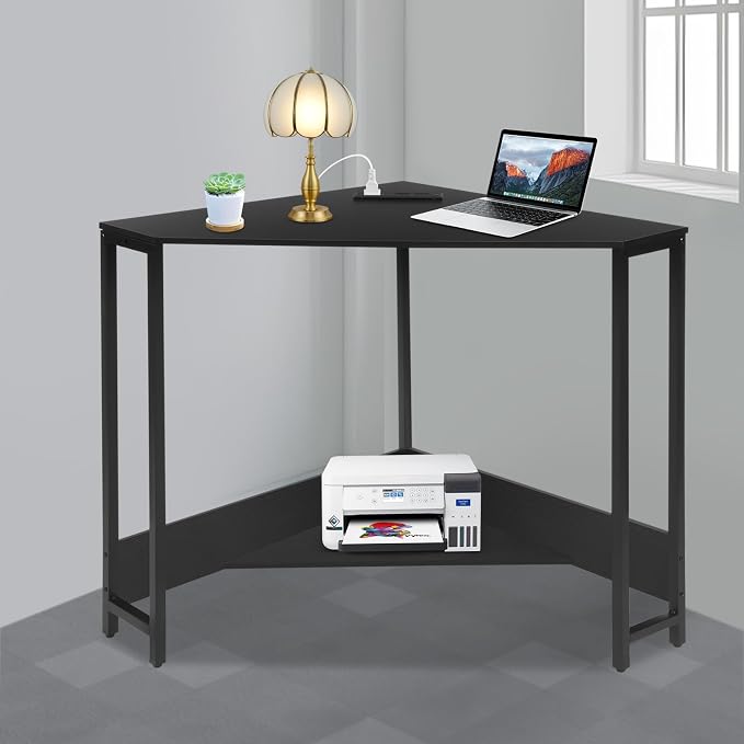 Corner Desk with Outlets and USB Ports, 26.77x26.77x29.53in Triangle Desk with Storage for Home Office, Workstation, Living Room, Bedroom, Small Space (Black)