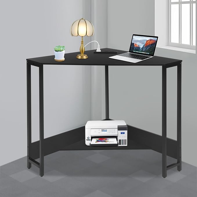 Corner Small Desk with Outlets, Triangle Desk with Storage, for Small Space Home Office, Workstation, Living Room, Bedroom (Black)