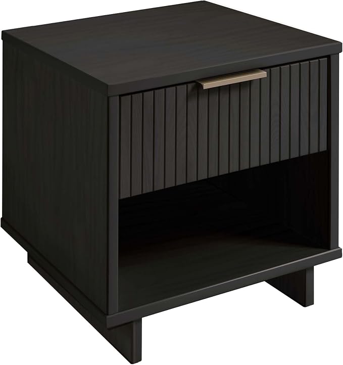 Manhattan Comfort Granville 1-Drawer Nightstand Set of 2, Modern Glam Bedside Table with Ribbed Design and Gold Handles, Ideal for Living Room and Bedroom Use, Dark Grey