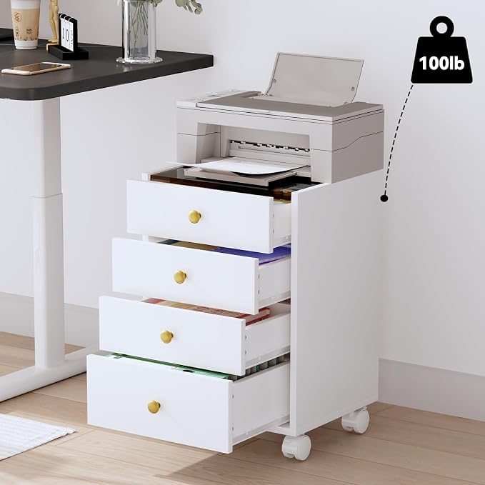 JanlyHome Under Desk Storage, 4 Drawer Small File Cabinet, Chest of Drawer with Glass Top, Mobile Printer Stand with Lockable Wheels for Home Office Study, White