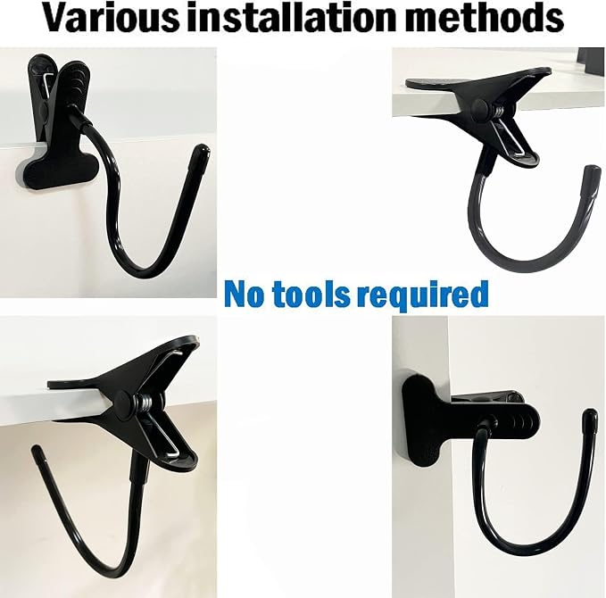 AUXPhome Headphone Stand with Adjustable Hook, Metal Headset Holder, Flexible Tip, Clamp-On, Universal Thickness, Vertical and Horizontal Mount, for Desk up to 2 inch (50MM) - 744591662932