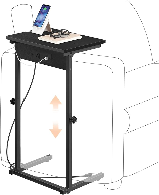 HOOBRO C-Shaped End Table with Charging Station, Adjustable Height Sofa Tray Side Table, Slide Under Couch Arm Table, Small C Side Table for Small Space in Living Room, Bedroom, Black BB71USF01