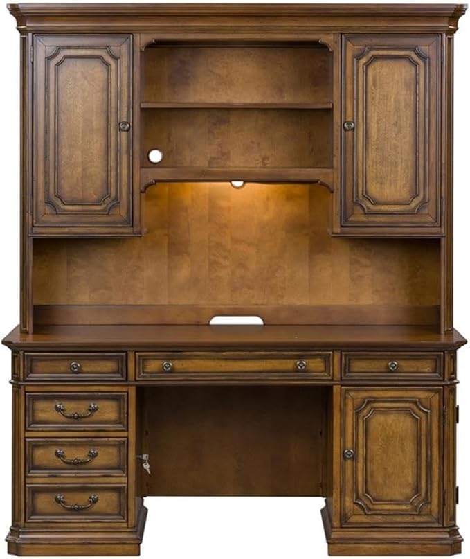 Pemberly Row Jr Executive Office Set, Medium Brown Finish, Antique Toffee Poplar & Birch Veneers, 5-Piece, Includes Desk, Credenza, Hutch, Adjustable Shelves, Touch LED Lighting, Wire Management