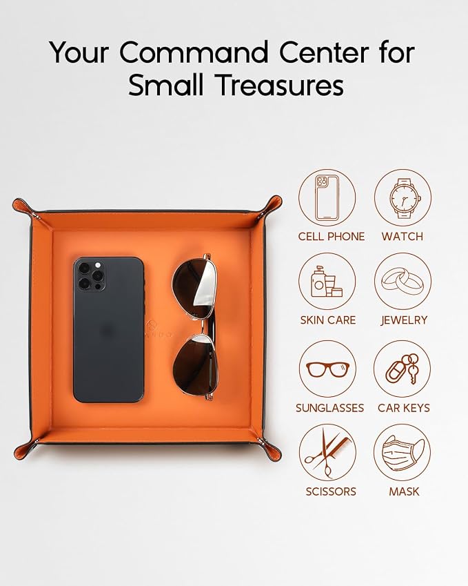 VLANDO Valet Tray for Men Women, Vanity Trays Catchall Tray for Dresser Top Desk Storage Bedside, Travel PU Leather Tray Jewelry Key Phone Coin Change Watches and Candy Holder Sundries Entryway Tray | Bright catchall tray for vanity, dorm room or desk ...