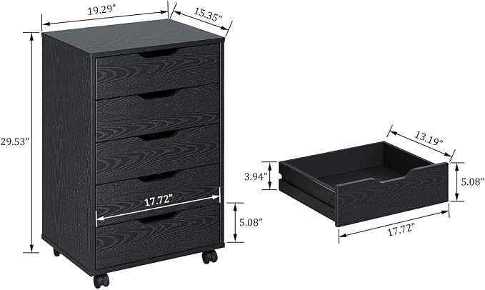 Panana 5/7 Drawer Mobile File Cabinet, Wooden Under Desk Storage with Wheels Office Organization Vertical Filing Chest of Drawers for Home Office (Black, 5 Drawer)