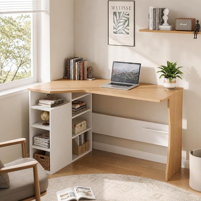 IDEALHOUSE L Shaped Desk for Small Spaces, Reversible Corner Desk with Storage Cabinet and 6 Adjustable Shelves, Wood Computer Desk for Home Office, Study, Writing, Gaming, Bedroom, Oak