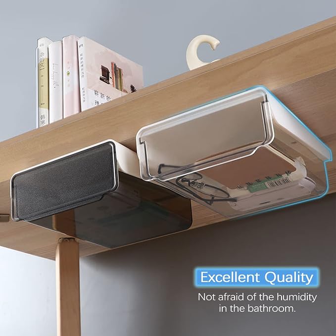 OSPNIEEK Self-adhesive Under Desk Drawer Organizer, 2 Pack Table Hidden Slide Out Large Storage Mounted Desktop Pencil Holder Tray Drawers for Office Home School Stationery Kitchen (White)