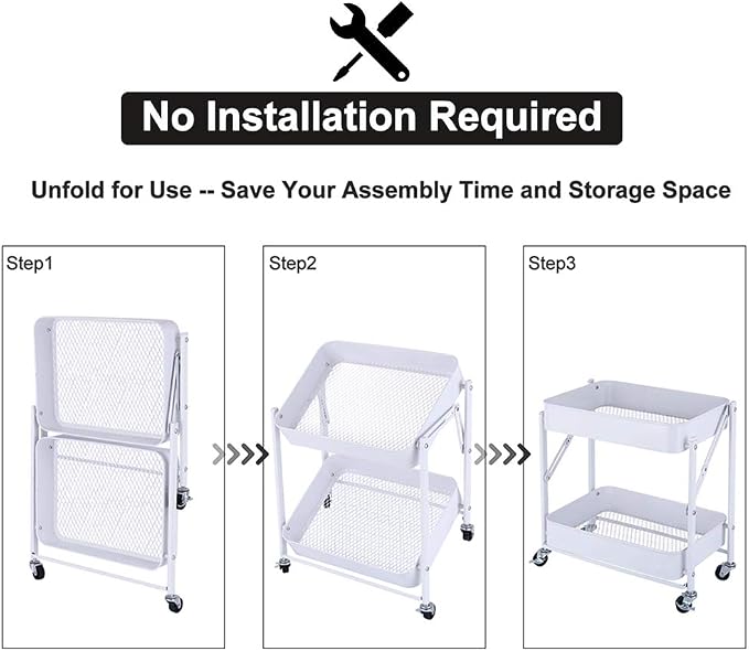 Melody House 2-Tier Metal Folding Rolling Cart, Mobile Utility Cart Trolley Storage Organizer for Office Home Kitchen Organization, Sofa Side End Table with Wheels, White