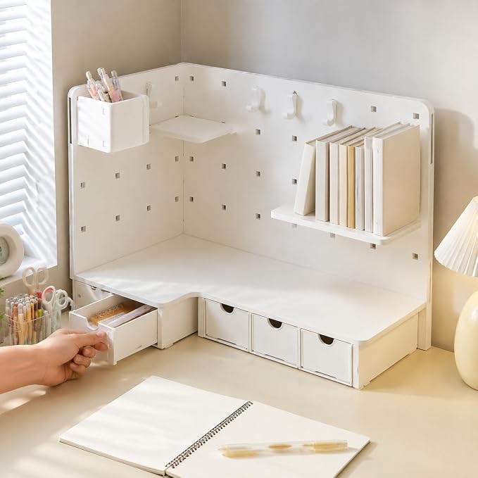 Corner Organizer Pegboard Organizer, White Desktop Storage Shelf, Small Desk Shelf for Home Office, Vertical Desk Storage, Corner Pegboard Shelf - Upgrad (#0143)