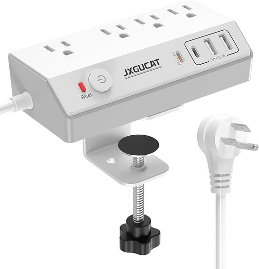 Desk Clamp Power Strip 10FT with PD 20W Fast Charging USB C, JXGUCAT Desk Mount Power Strip Surge Protector, Removable Extension Cord with 4 Outlets 4 USB Ports, Fit 1.8" Tabletop Edge, White