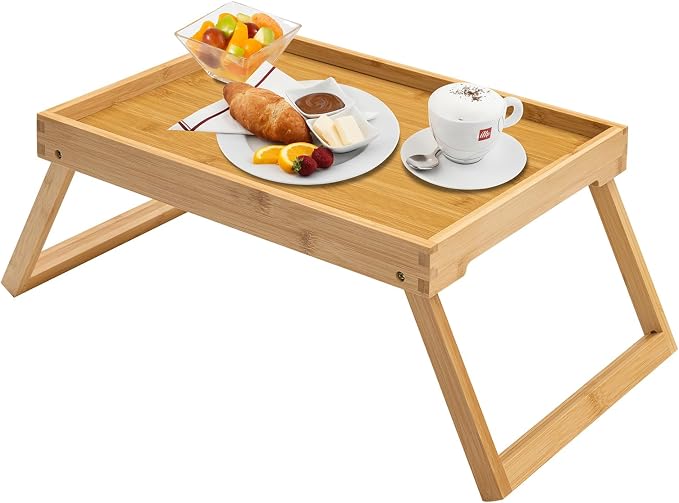 Bamboo Bed Tray Table with Foldable Legs, Breakfast Tray, (Beige) | Laptop Desk with Folding Legs for Bed or Sofa,Food,Dinner, Serving,TV Table,Kitchen,Eating,Working