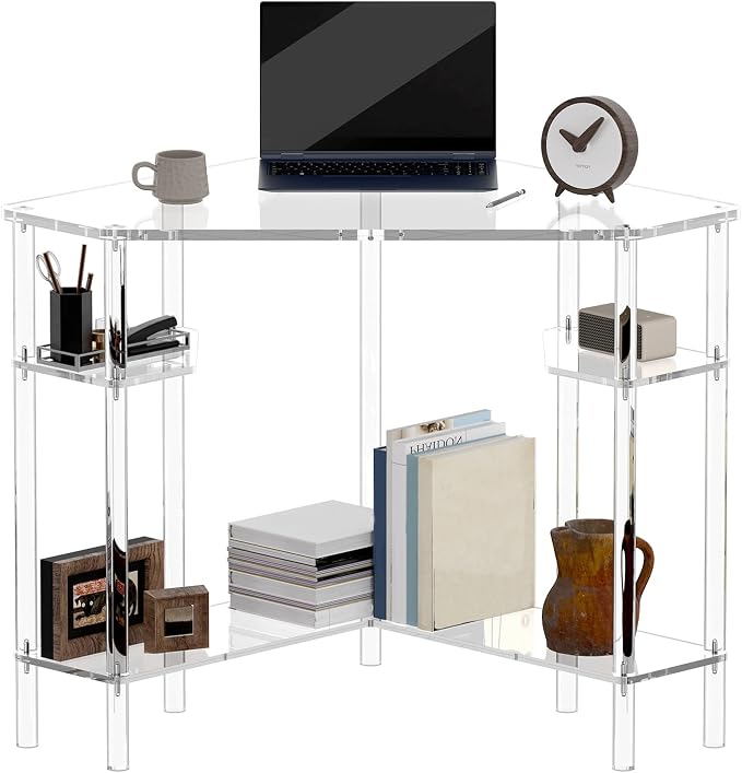 Eglaf Acrylic Triangle Corner Desk, 90-Degrees, Clear Desk with Storage | 28.5 x 28.5 inches, Home Office Desk for Small Space, Easy Assembly
