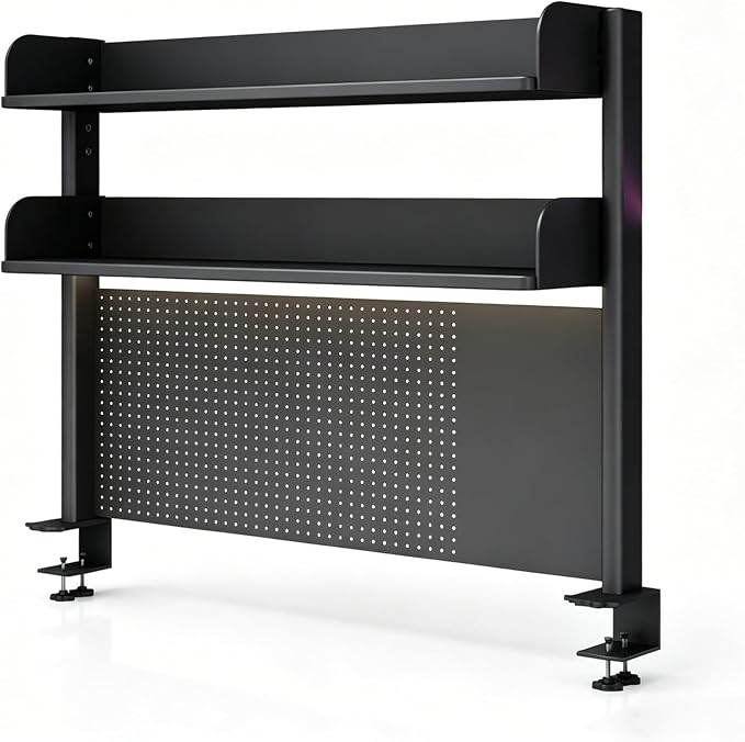 Clamp-on Desk Organizer Shelf - Adjustable Pegboard Workstation, Computer Desk Accessories for Office & Gaming, Space-Saving Desktop Shelving System (23.6/31.5/39.3in)