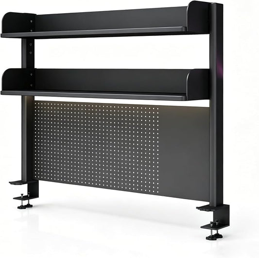 Clamp-on Desk Organizer Shelf - Adjustable Pegboard Workstation, Computer Desk Accessories for Office & Gaming, Space-Saving Desktop Shelving System (23.6/31.5/39.3in)
