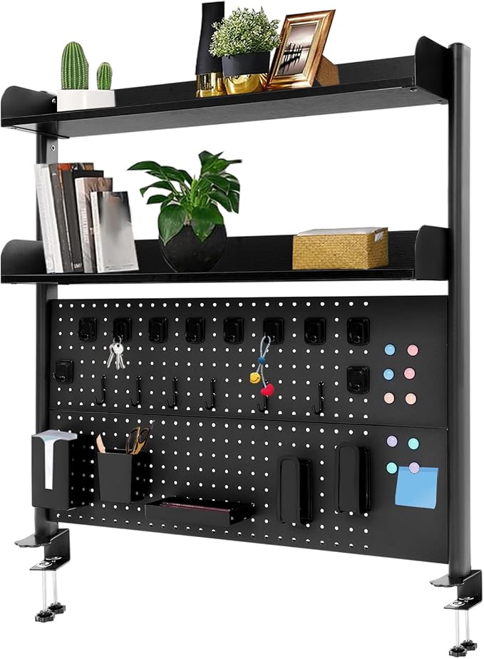 Clamp on Desk Pegboard, 39.4" W x 37.4" H Desk Extender Pegboard Bookshelf Computer Desk Accessories with Shelf for Tool Organizer Office, Privacy Panel for Gaming Desk, Black