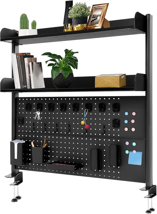 Clamp on Desk Pegboard, 39.4" W x 37.4" H Desk Extender Pegboard Bookshelf Computer Desk Accessories with Shelf for Tool Organizer Office, Privacy Panel for Gaming Desk, Black