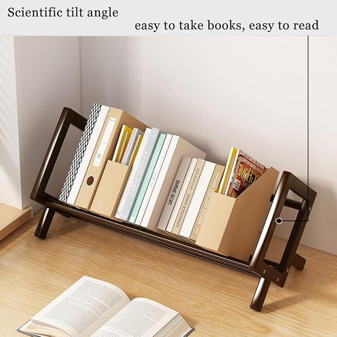 Wood Tilting Bookcase in Living Room/Home/Office, Desktop Book Shelf Organizer Bookshelves Storage Rack for CDs/Magazine/Books Display (Coffee, 19.68"-L)