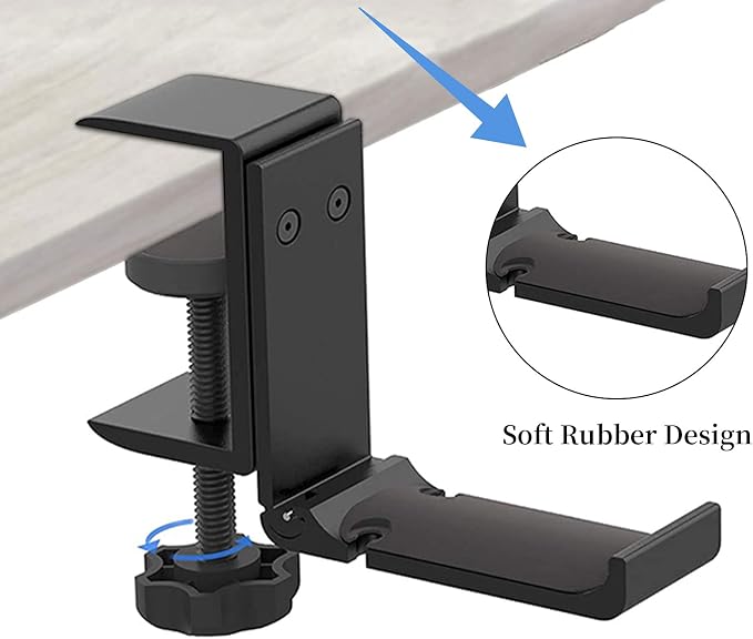 Aluminium Headphone Stand Hanger Under Desk, Foldable Headset Holder with Cable Organizer, Adjustable Clamp-On Headphone Hook, Non-Slip Desk Mount for Gaming Headphones, Bags & Accessories