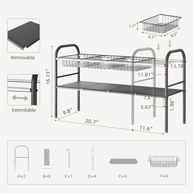 NETEL Under Sink Organizers and Storage, 2 Tier Expandable Under Cabinet Organizer Shelf with 4 Baskets and 4 Panels, Expandable Shelf for Cupboard, Kitchen, Bathroom, Shoe Storage Rack