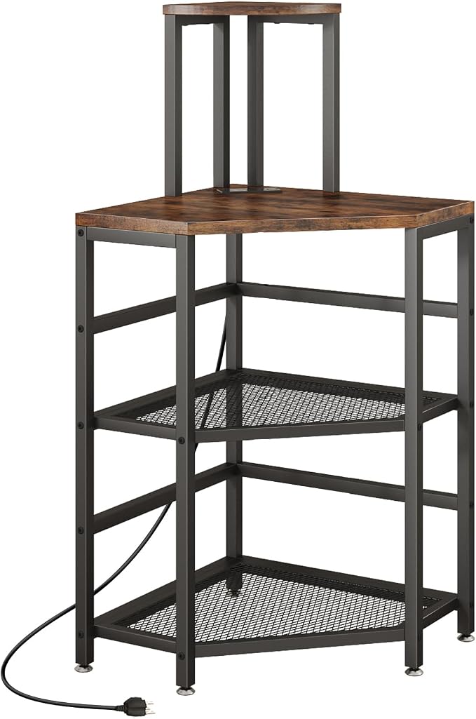 METYERRY 4-Tier Corner Printer Stand, Printer Table with Built-in Power Outlet and LED Lights, Multipurpose Corner Table with Grid Storage Shelf for Home and Office,Rustic Brown