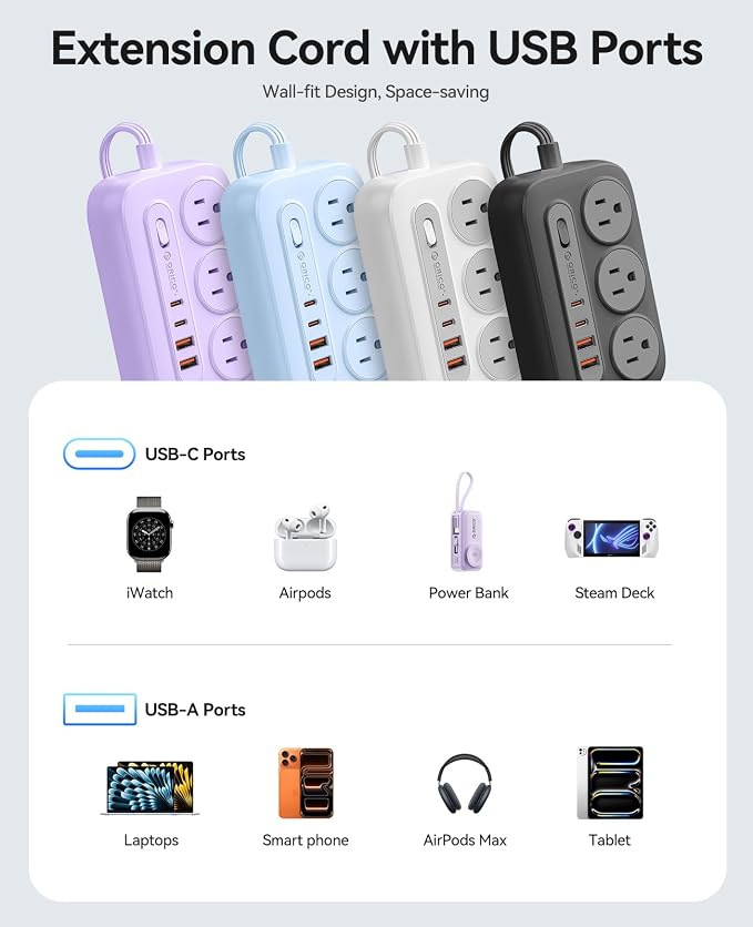 ORICO Surge Protector Power Strip, PD20W Multiple Outlets Extension Cord with 6 AC Outlets and 4 USB Charging Ports (2 USB-C), Flat Plug, 5Ft Mountable Outlet Extender for Office/Dorm ETL Listed- OG