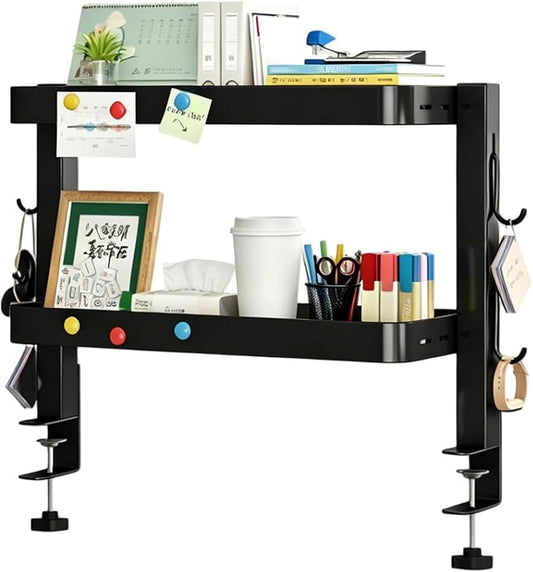 Clamp-On Desk Shelf Organizer, Adjustable 2-Tier Metal Desk Side Storage Rack with 4 Hooks, Space-Saving Desktop Caddy for Home Office, Stationery & Office Supplies (Black)