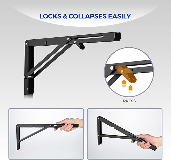 Ravinte 2 Pack 16 Inch Folding Shelf Brackets – Matte Black, Heavy Duty Collapsible Brackets for Tables and Benches – Space-Saving Design