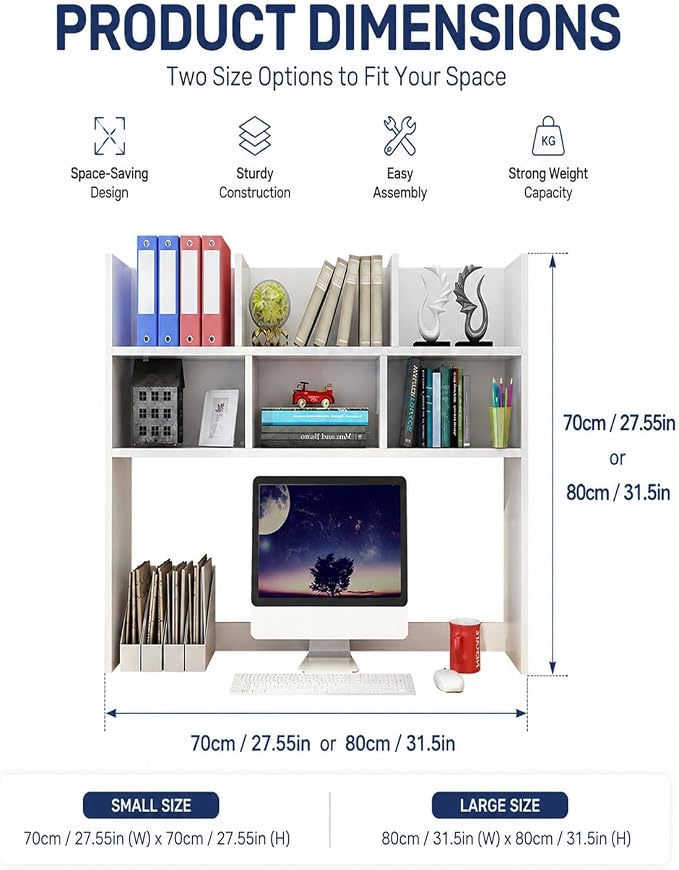 White Desk Hutch for Dorm Room, Over-Desk Organizer Shelf with 6 Cubbies, Desktop Bookshelf Storage Display Rack, Desk Topper Shelf for College Dorm, Home Office