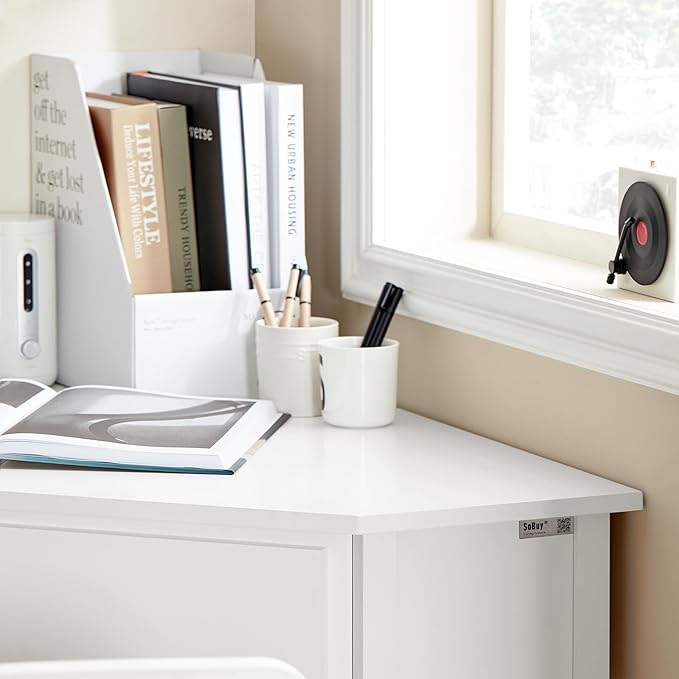 Haotian Small Corner Desk, Triangle Computer Desk with Drawer and Ladder Shelf, Home Office Writing Vanity Table, White FWT31-W