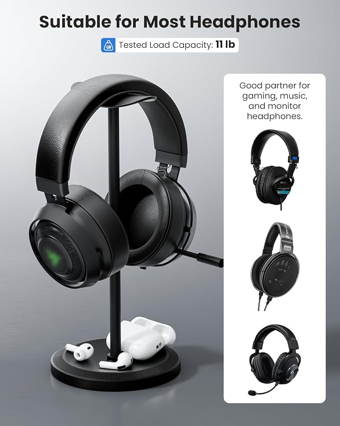 Headphone Stand, Desktop Headset Holder, Black | Earphone Stand, Gaming Headphone Hanger, Enlarged Headrest Heavy Base, Office Desk Accessories for All Headphones Size