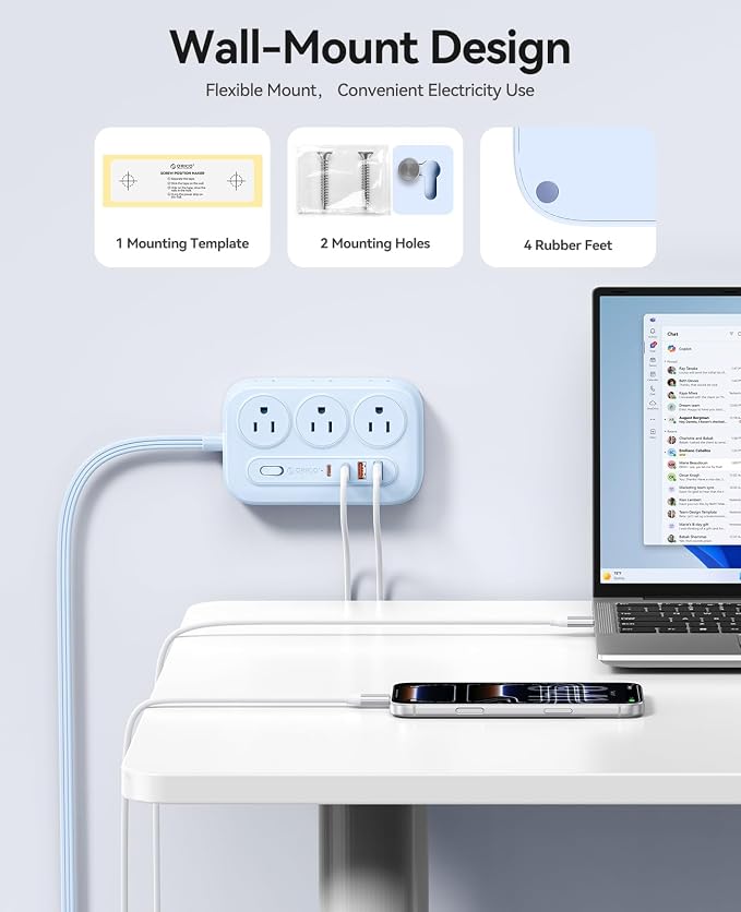 ORICO Surge Protector Power Strip, PD20W Multiple Outlets Extension Cord with 6 AC Outlets and 4 USB Charging Ports (2 USB-C), Flat Plug, 5Ft Mountable Outlet Extender for Office/Dorm ETL Listed- OG