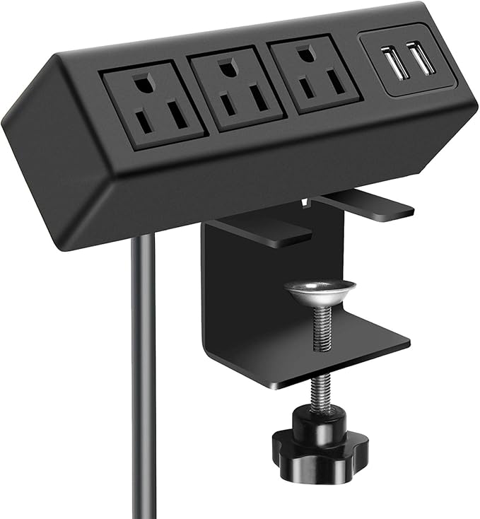 CCCEI 3 Outlet Desk Clamp Power Strip with USB Ports, Desktop Power Strip Surge Protector 1200J. Table Mount Charging Power Station, on Edge Power Outlet 125V 12A 1500W.