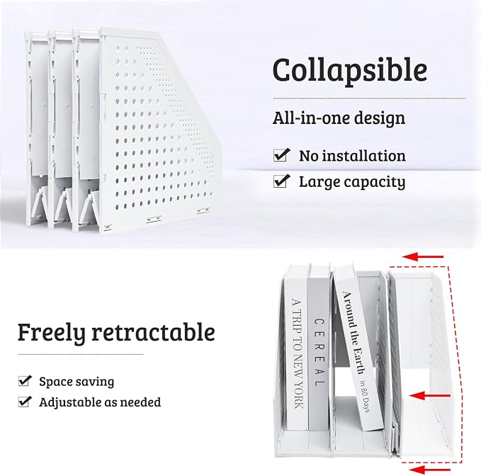 SAYEEC 1Pcs Collapsible Plastic Magazine File Holder Vertical Binder Storage Organizer for Desk Sturdy Upright Desktop Magazine Organizer Folder Rack for Office School Home (3 Compartments, Gray)