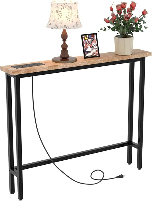 VINGLI 39" Console Table with Charging Station, 5.9" Narrow Sofa Table Behind Couch, Entryway Table with Power Outlet & 4.9 Ft Extension Cord & Adjustable Feet, for Living Room, Hallway, Oak