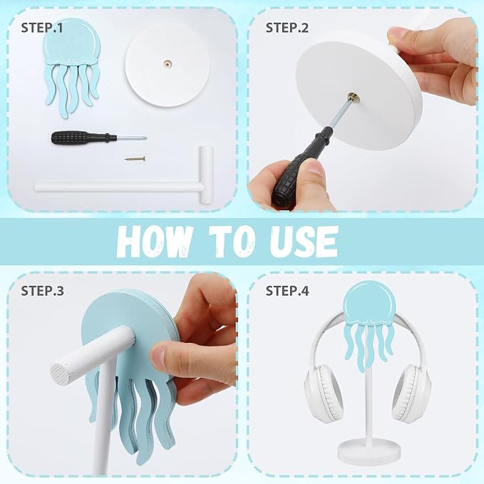 Yookeer Jellyfish Headphone Stand Cute Blue Headphone Stand Decorative Ocean Sea Wood Desk Decor for Gamer Room Office Desk Gaming Gifts for Girlfriend Office Worker
